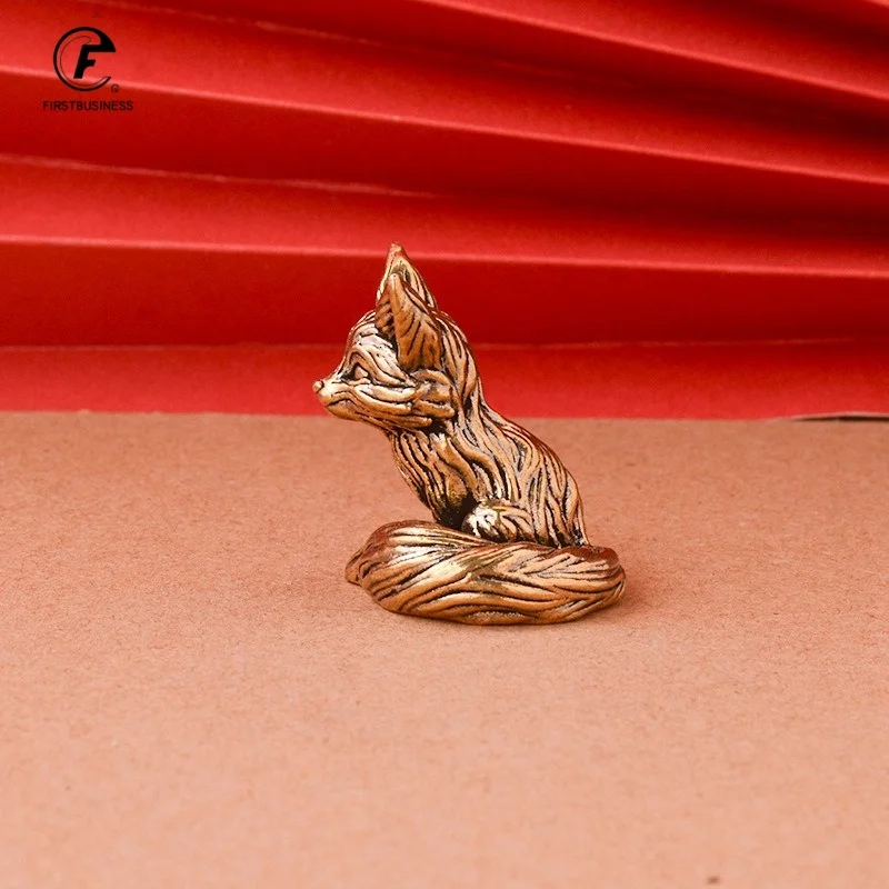 Brass Fox Statue Cute Fox Miniature Figurines Desk Ornament Decorations Accessories Copper Animal Sculpture Home Decor Crafts
