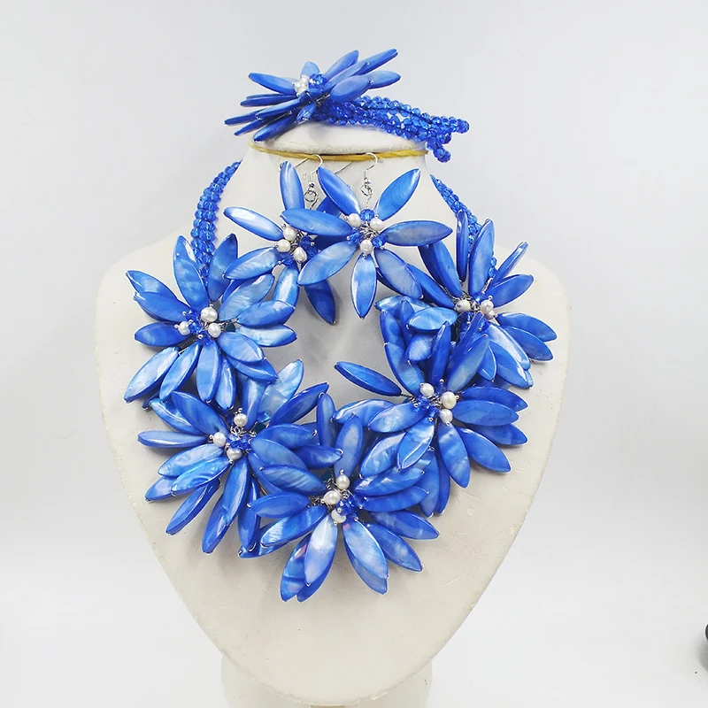 Beauty Design Blue Shell Beads Jewelry Set Flower Necklace 20\