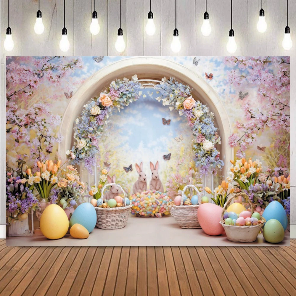 Easter Theme Photography Backdrop Spring Garden Wooden Fence Flower Arch Easter Egg Decor Kids Portrait Photo Background Props