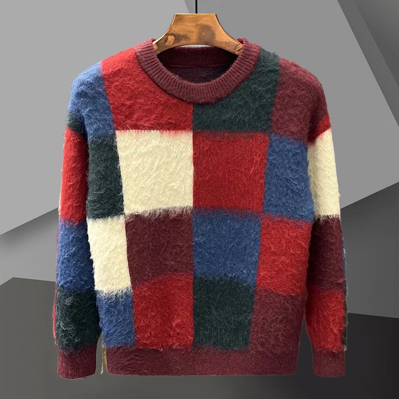 O-Neck Pullover Korean Sweater Plaid Contrasting Color Stitching Print Knitted Sweater Men Pull Homme Color Fall Winter Sweater