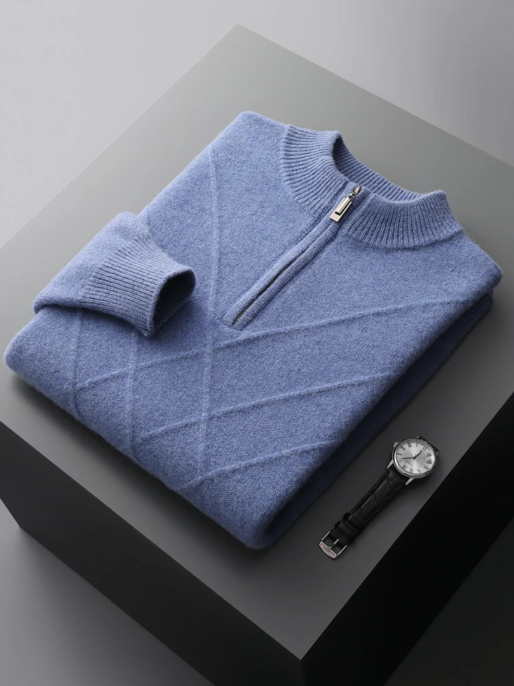 Autunno inverno uomini spessi Pullover in Cashmere collo a lupetto mezza cerniera maglione Smart Casual 100% lana Merino maglieria abbigliamento di