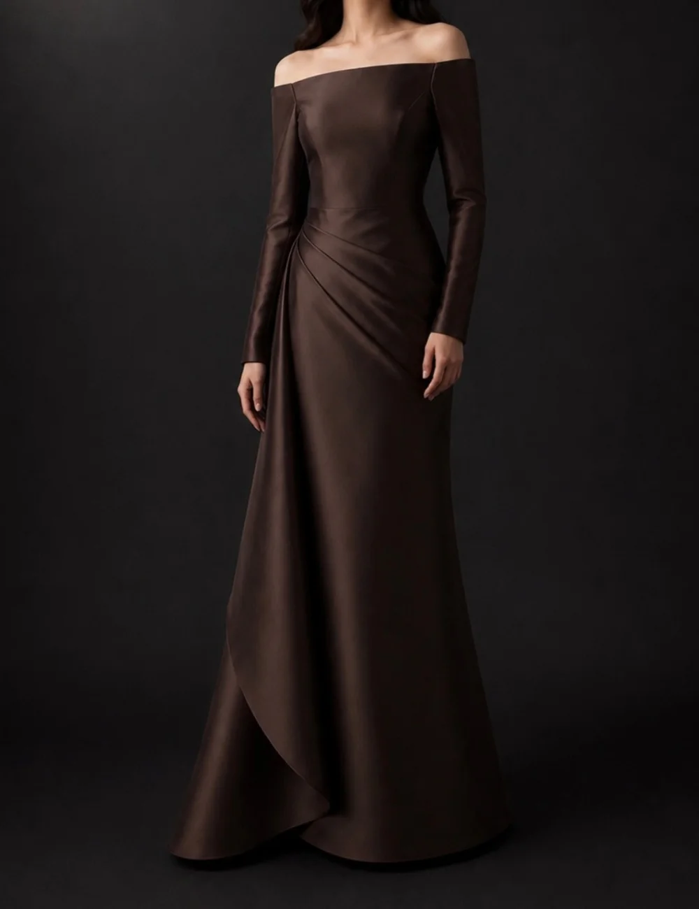Customized Chocolate Modest Simple Pleat Ruched Mermaid Off-the-shoulder Floor-Length Evening Dresses For Birthday Party