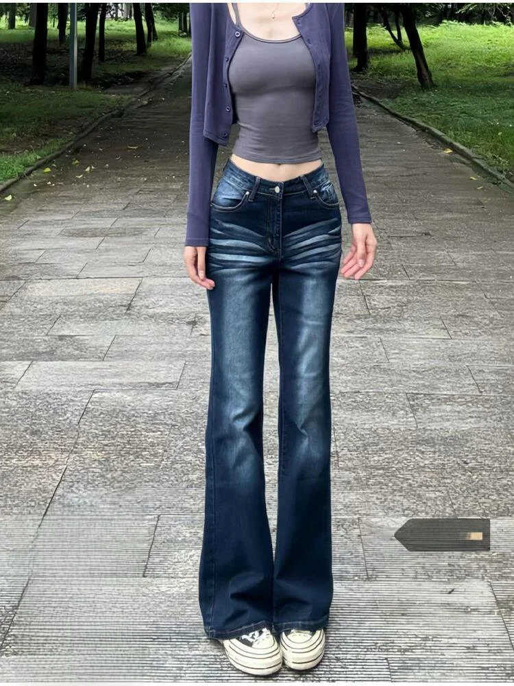 

American Style Faded Skinny Dark Denim Jeans Women Summer New Small Size Plump MM Slim Micro Flared Pants Casual Low Waist