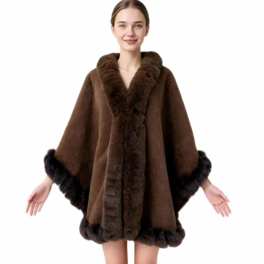 ファッションエレガントなフェイクファーのトリムが付いた厚手のウールのケープコート、ロングポンチョ、女性用冬用暖かい快適なアウターウェア、パーティー、旅行用のマント