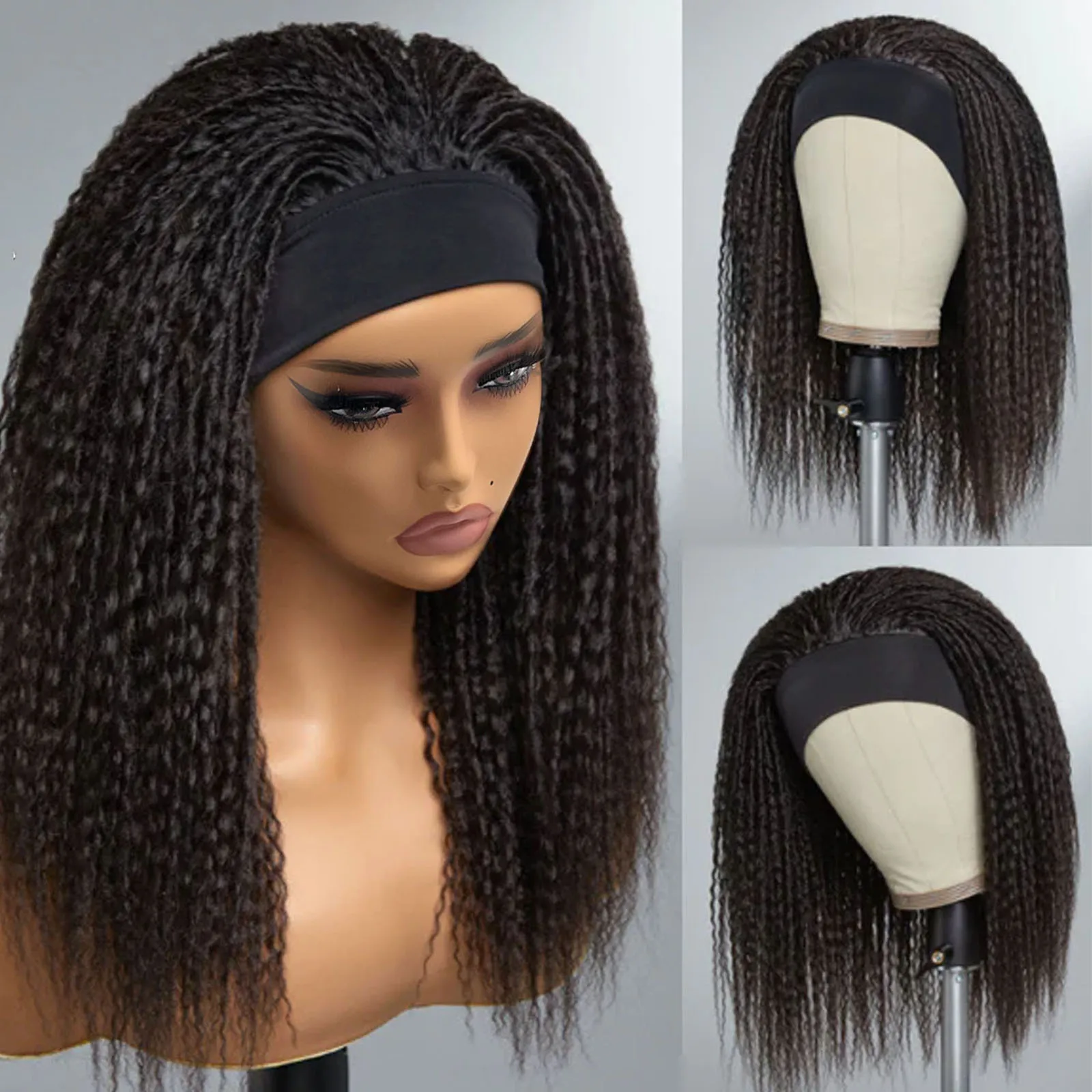ディープウェーブ人毛ウィッグ　縮れ毛ヘッドバンドウィッグ　アップグレードウィッグ　接着剤不要ドローストリングシームレスクリップイン　女性用フリップオーバー