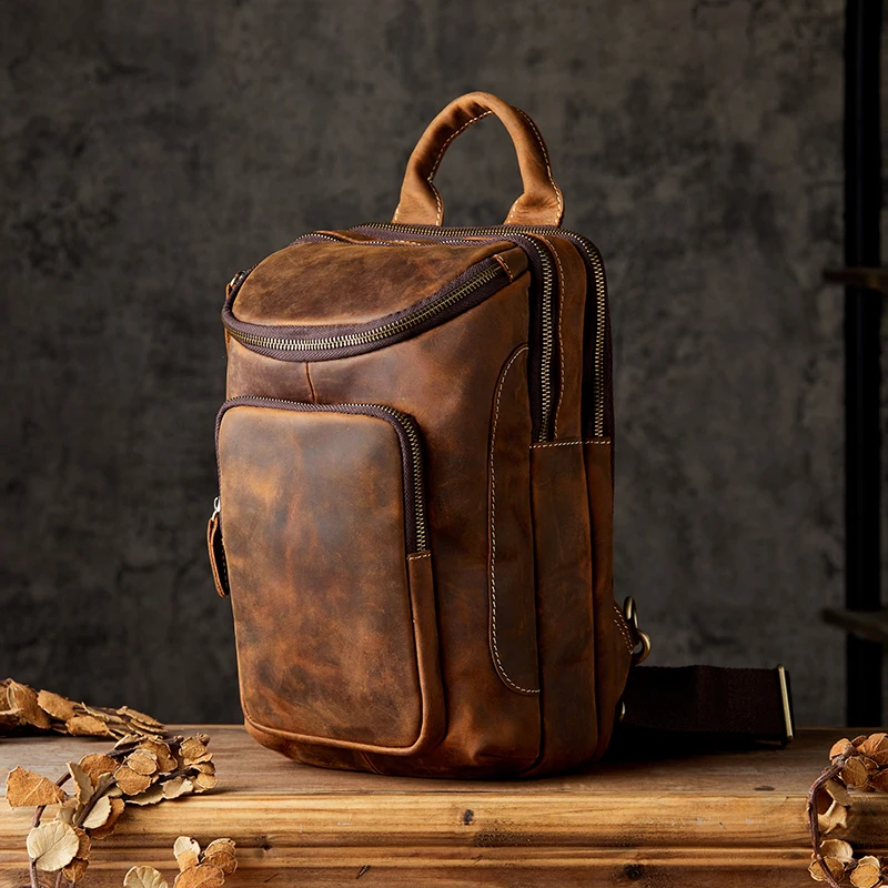 High Quality Handmade Vintage Crazy Horse Leather Chest Bag Men Fashion Genuine Leather Shoulder Sling Bag Large Capacity Pack