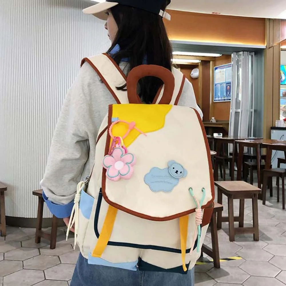 

Nylon Contrast Color Backpack Candy Color Lightweight Large Capacity Daypack Flower Pendant Adjustable Straps