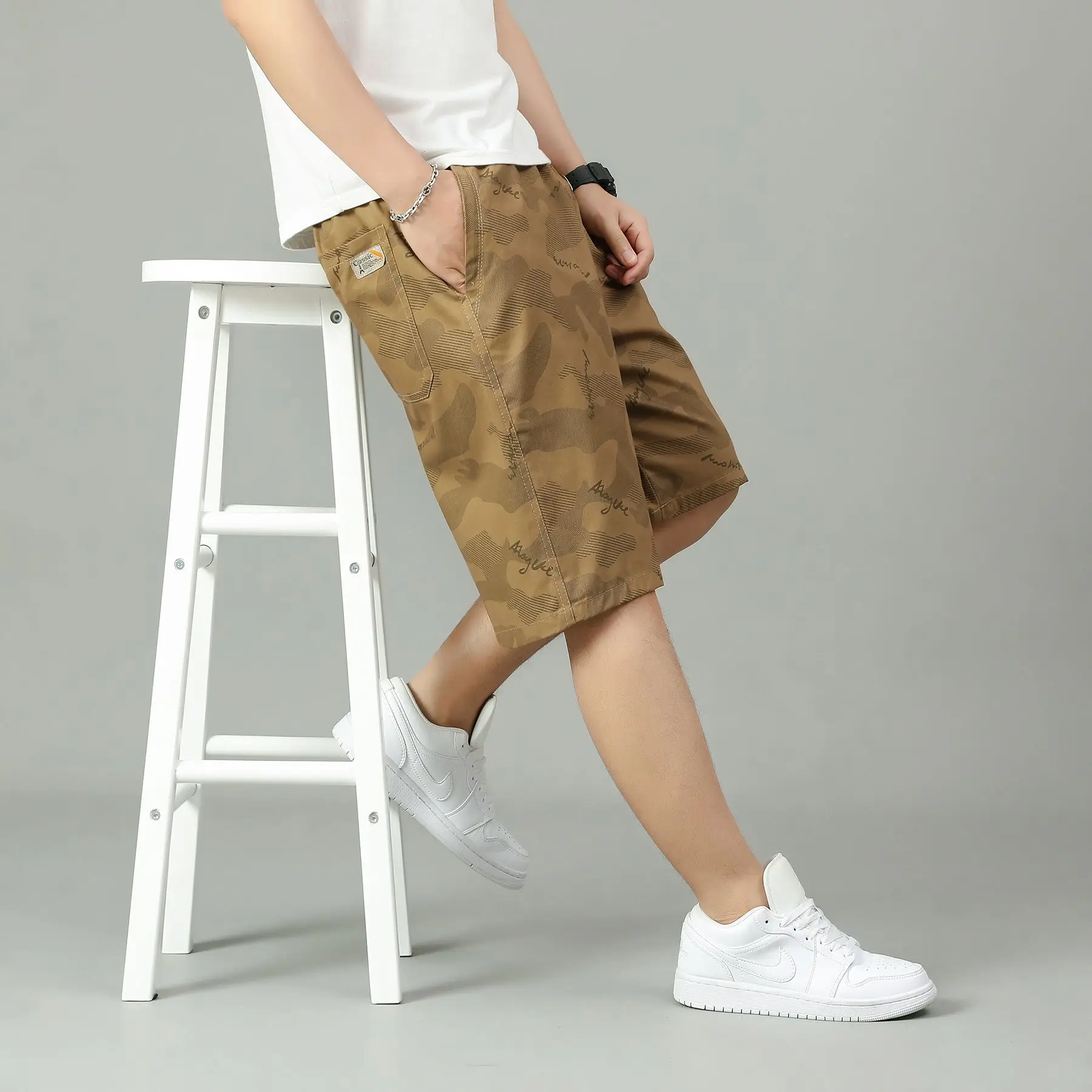 High Quality Summer Thin Men's Camo Casual Shorts Loose Straight Elastic Waist Camouflage Beach Knee Length Short Male L-5XL