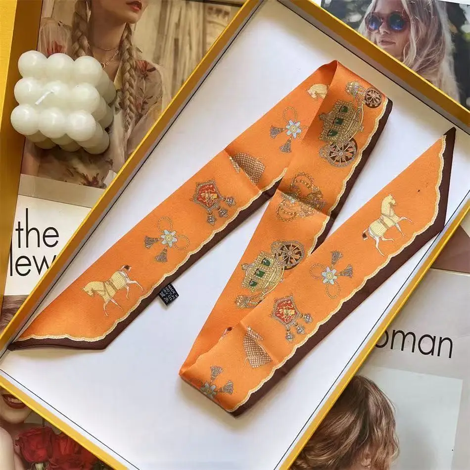 

Новый корейский шелковый платок из твила 90*5 см, двухслойный, с диагональным узором, с цифровой печатью, женский шарф, повязка на голову, лента для сумки