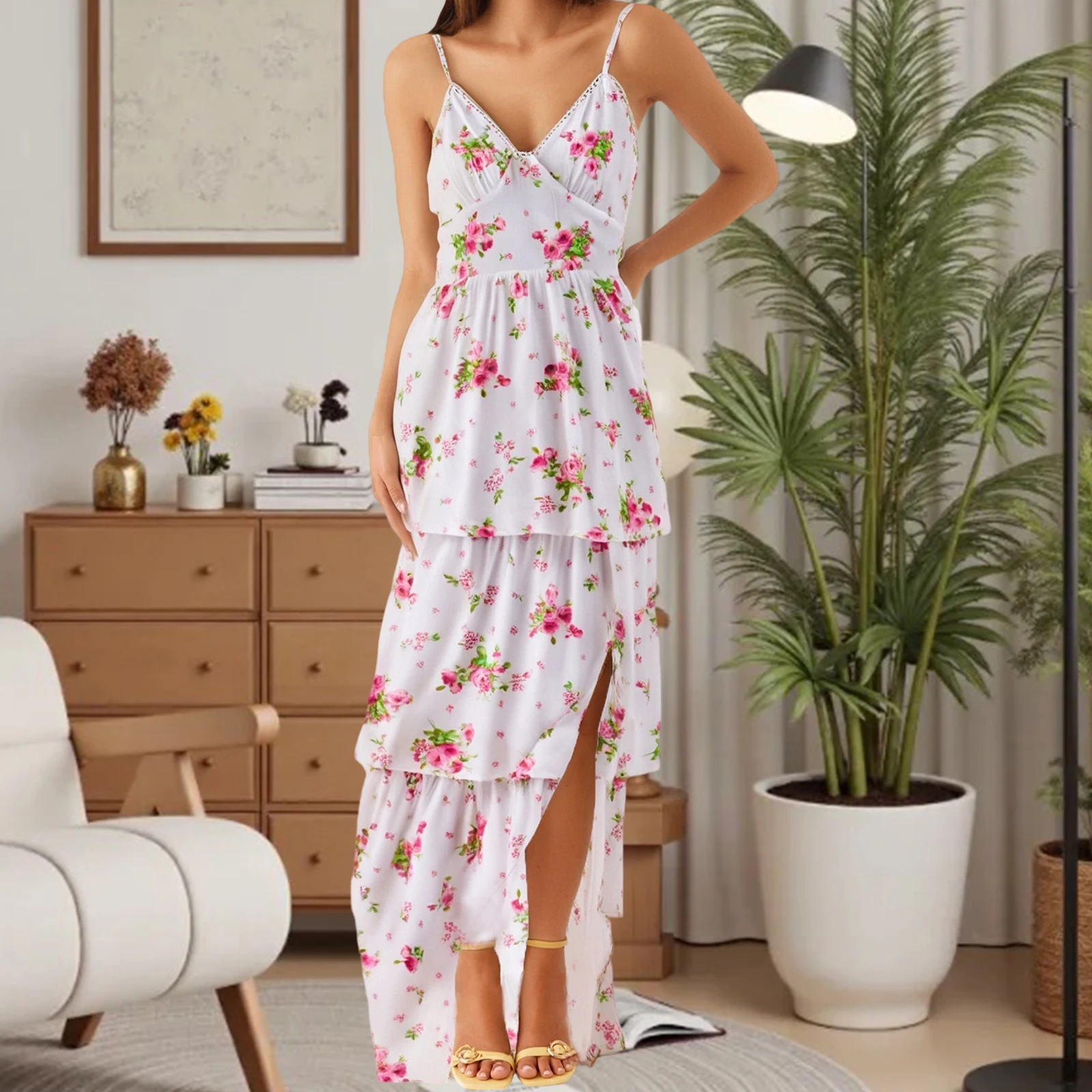 Vestido camisola floral para mujer, cuello en V, tirantes finos, espalda abierta, lazo cruzado, corte en A, vestido largo con volantes en capas divididas