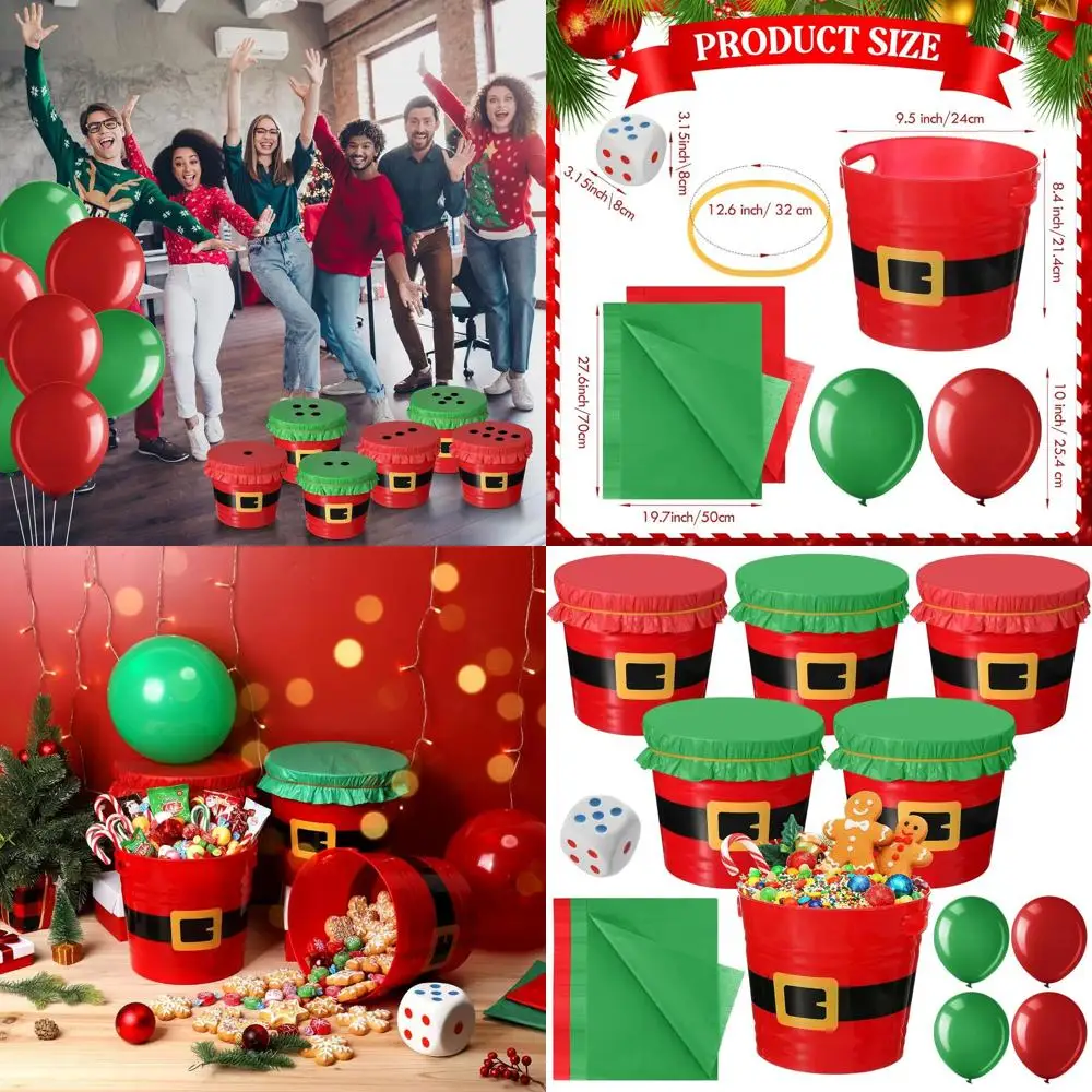 

Christmas Family Party Game Set: Santa Belt, Plastic Buckets, Dice, Balloons & Tissue Paper Favors