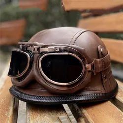 Brown Pu Leather Come With Goggles Motorcycle  Jet Vintage Helmet Open Face Retro 1/2 Half Casco Moto Capacete CE Ceryificate