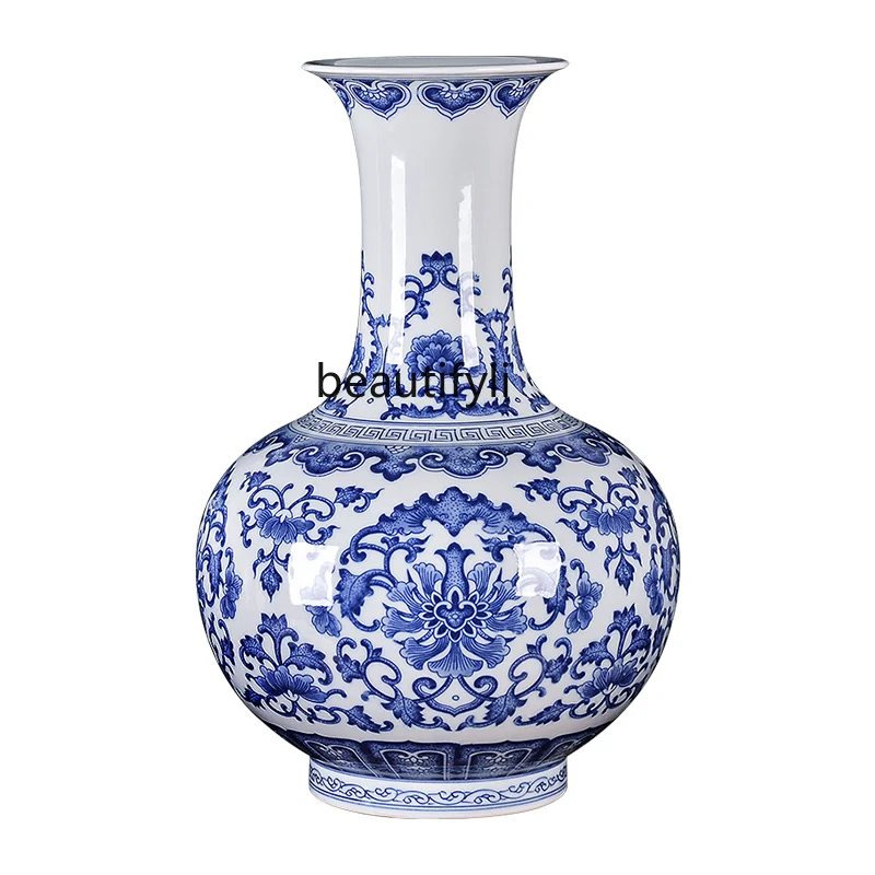 

hand-painted blue and white porcelain vase Chinese living room Bogu frame large flower arrangement decorative ornament