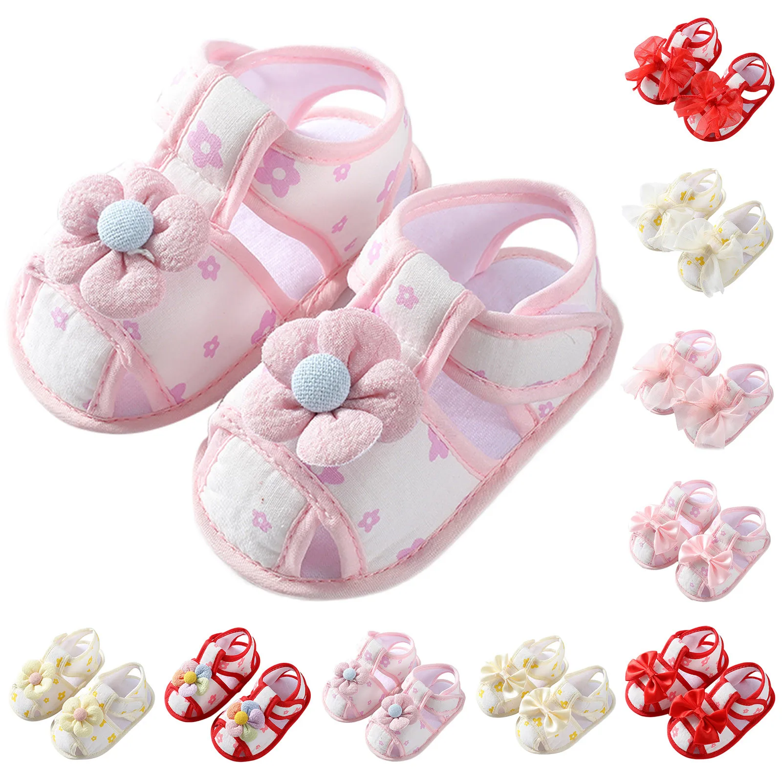 Summer Baby Girls Soft Toddler Shoes Infant First Walkers Shoes Colorful Flowers Bow Princess Shoes Sandals Flat Walkers Shoes