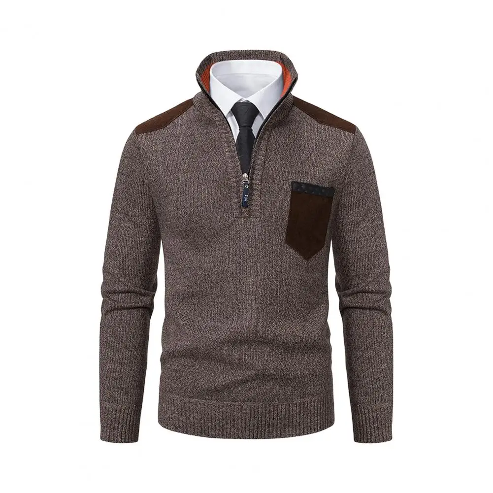 Fall Men Sweater Zippered Stand Collar Long Sleeves Knitted Thick Chest Pocket Pullover Slim Warm Top