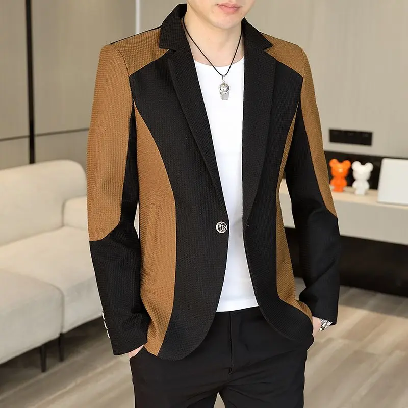 Men's Casual Blazer Slim Fit Color Block Patchwork Suit Jacket Spring Autumn New Korean Style Fashion Coat