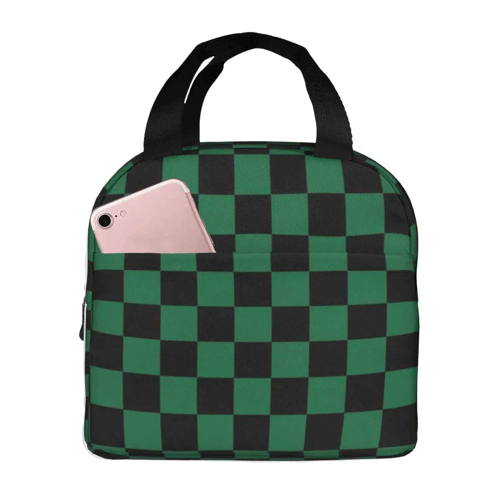 Dark Green Grid Pattern Print Portable Lunch Boxes Waterproof Thermal Cooler Food Insulated Lunch Bag Kids School Children