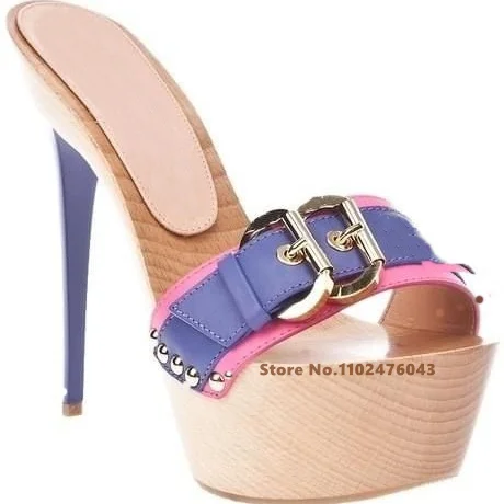 Platform Stiletto Heel Slipper Luxury Design Peep Toe Belt Buckle Metal Decorative Sandals Women Summer Sexy High Heel Shoes