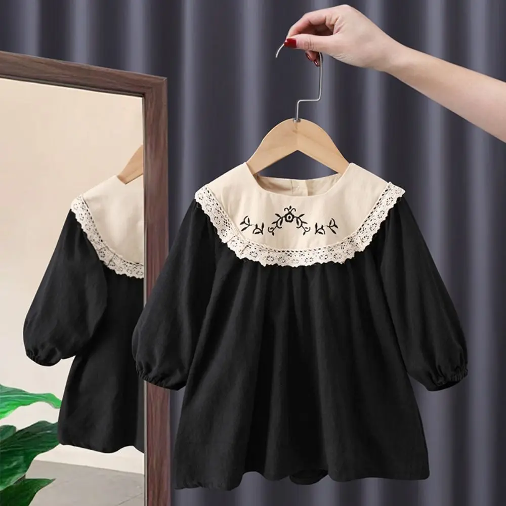 Embroidered Flowers Lace Princes Dress Pleated A-line Girls Long Dress Sweet Loose Children Long Sleeved Dress Spring/Fall