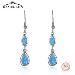 Silver 925 Crystal Blue Opal Stone Geometry Water Drop Clip Drop Earrings for Women Fine Jewelry Wedding Party Birthday Gift