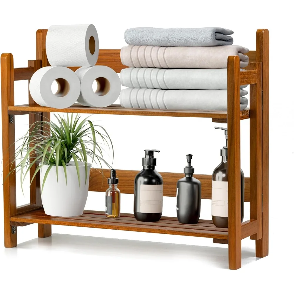 Teak Wood Floating Shelves Bathroom, Foldable Wooden Rack Wall Mount, 2 Shelves