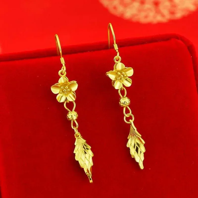 Boucles d'oreilles en or véritable 24 carats, boucle d'oreille fleur et feuille, boucle d'oreille solide, tempérament, boutique d'or, 999, fortune 262