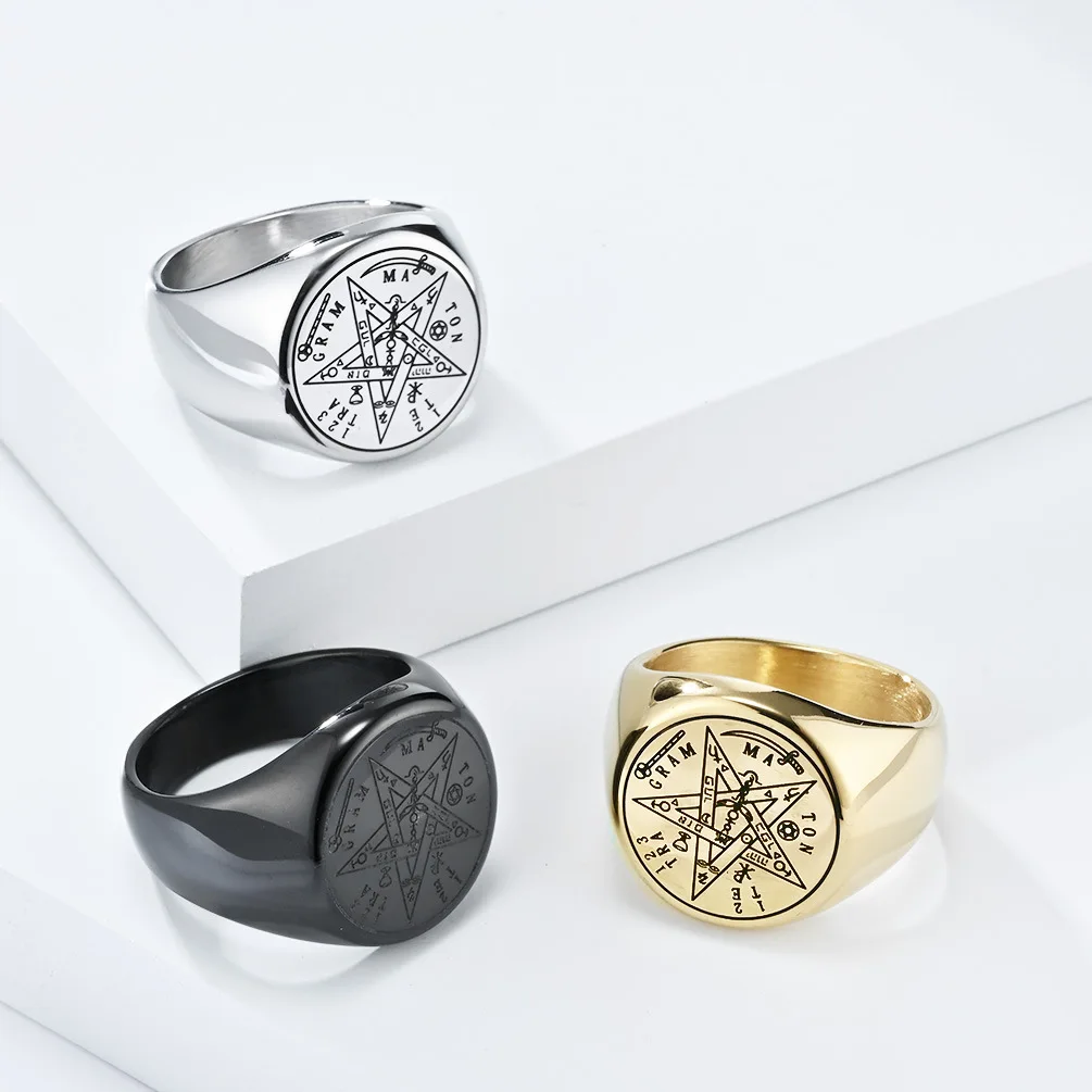 Gold Plated Stainless Steel Satanic Goat Jewelry Trend 2024 Pentagram Hebrew Signet Pentacle Ring Waterproof
