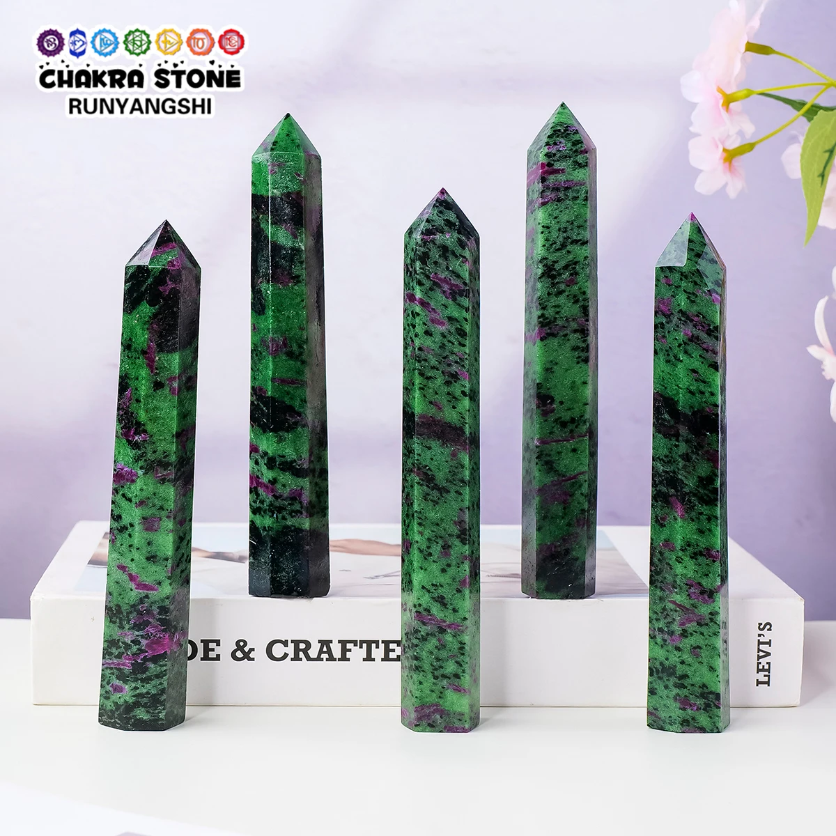 1PC Natural Crystal Point Ornament, Ruby‑Zoisite Hexagonal Column, Polished Raw Crystal Hexagon Wand, Home Decor Tabletop