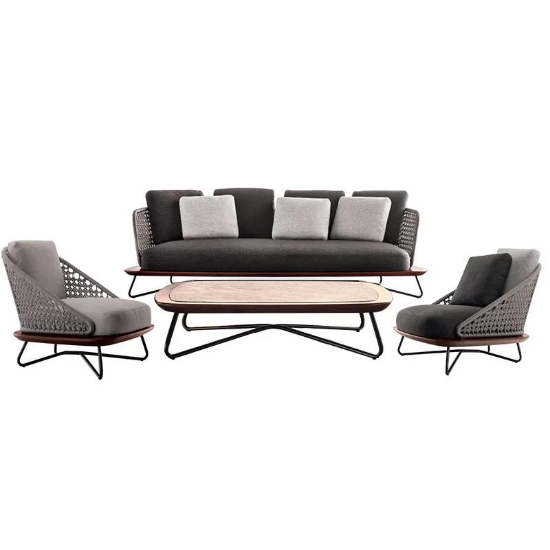 

Nordic outdoor rope woven solid wood sofa coffee table combination outdoor courtyard terrace garden hotel rattan leisure furnitu