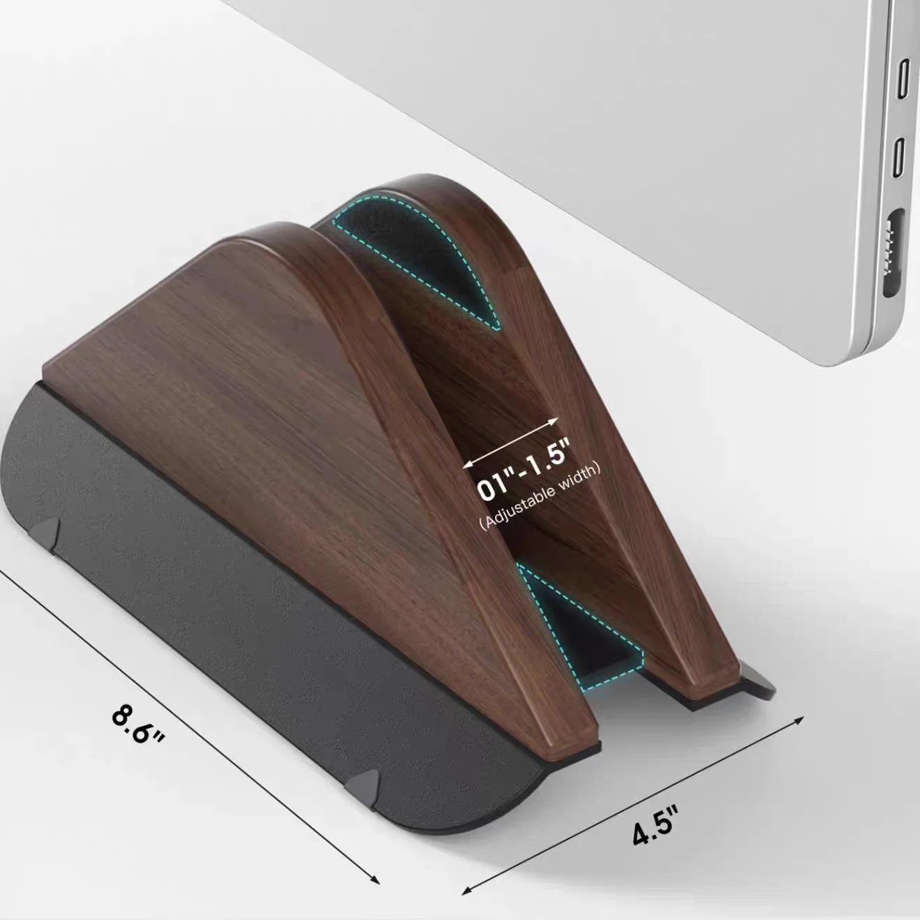 Wooden Vertical Laptop Stand for MacBook – Adjustable Holder with Solid Base, Space-Saving Design, Ideal for Desktop Docking