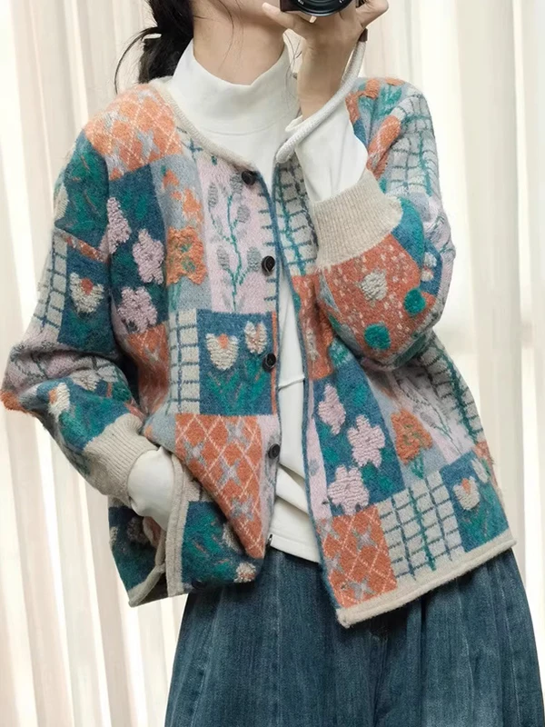 

Retro Knitted Sweater Women's Casual round Ne Open Cardigan Comfortable Patchwork Thiened Long Sve Windproof Coat