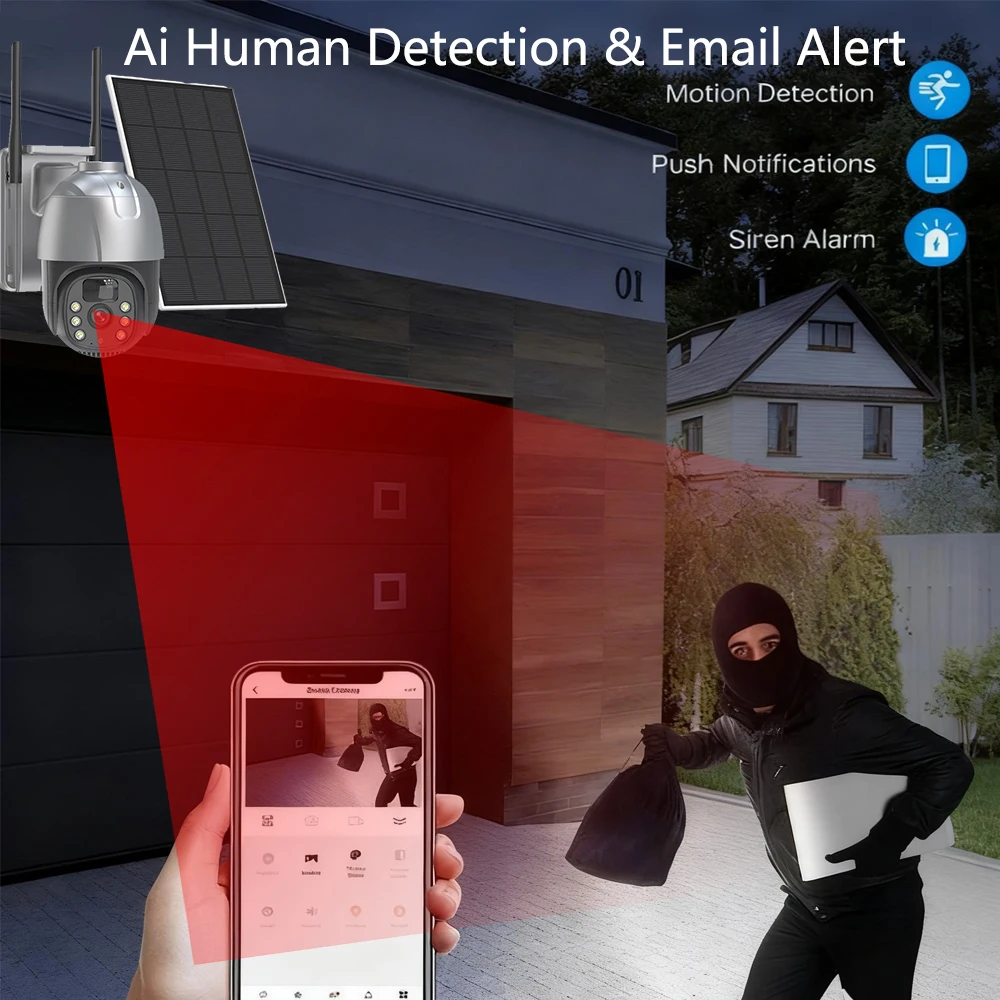 5MP Full HD WiFi Solar Panel Wireless PTZ Camera Outdoor Security WIFI  Solar Powered CCTV Camera