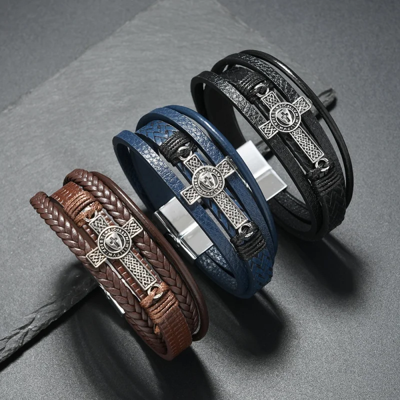 Luxury Multicolor Cross Design Classic Stainless Steel Men's Leather Bracelet Choose Handsome Christmas Gifts