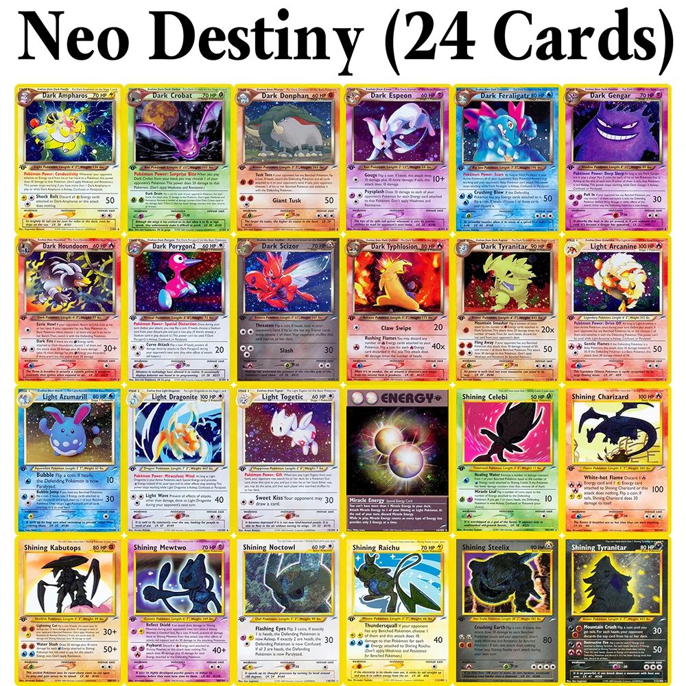 24PCS/set PKM Proxy Game Cards Neo Destiny (N4)Whole Set 1-16/106-113 Number Foil Cards Shining Celebi Shining Charizard Mewtwo
