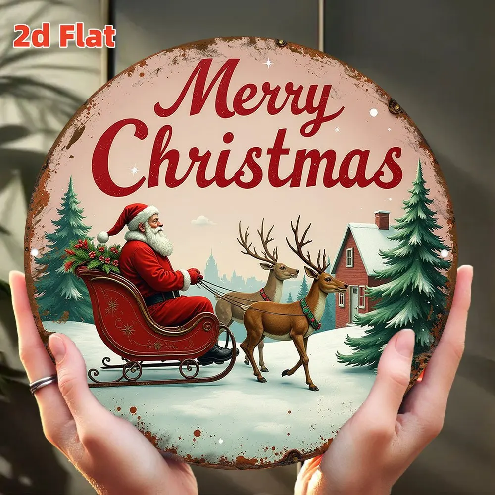 Scandinavian Nordic Winter Sleigh Ride Metal Wall Decor - 7.8'' Round All-Weatherproof Aluminum Indoor/Outdoor Deco