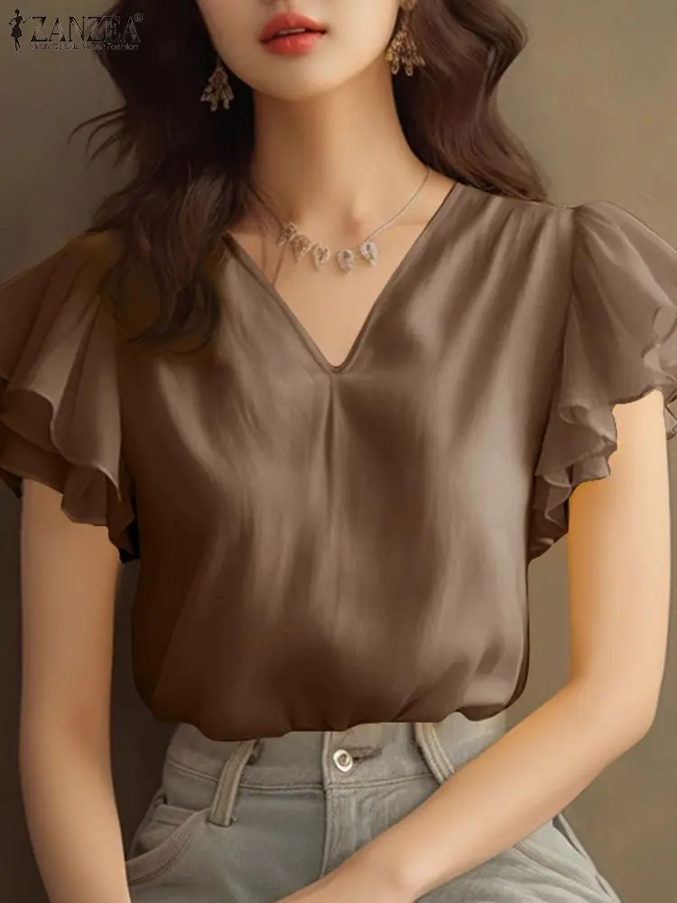 

Elegant Ruffle Sleeve V-neck Tops ZANZEA Vintage Women Party Blouse Korean Fashion Solid Shirt Tunic 2024 Summer Loose Blusas