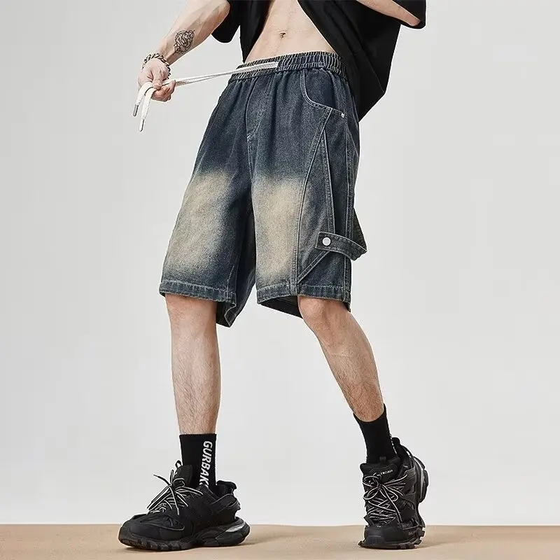 

Retro Waed Loose Men's Denim orts Summer Casual High Street Splicing Functional Workwear Five-Point Pants Youth Faion
