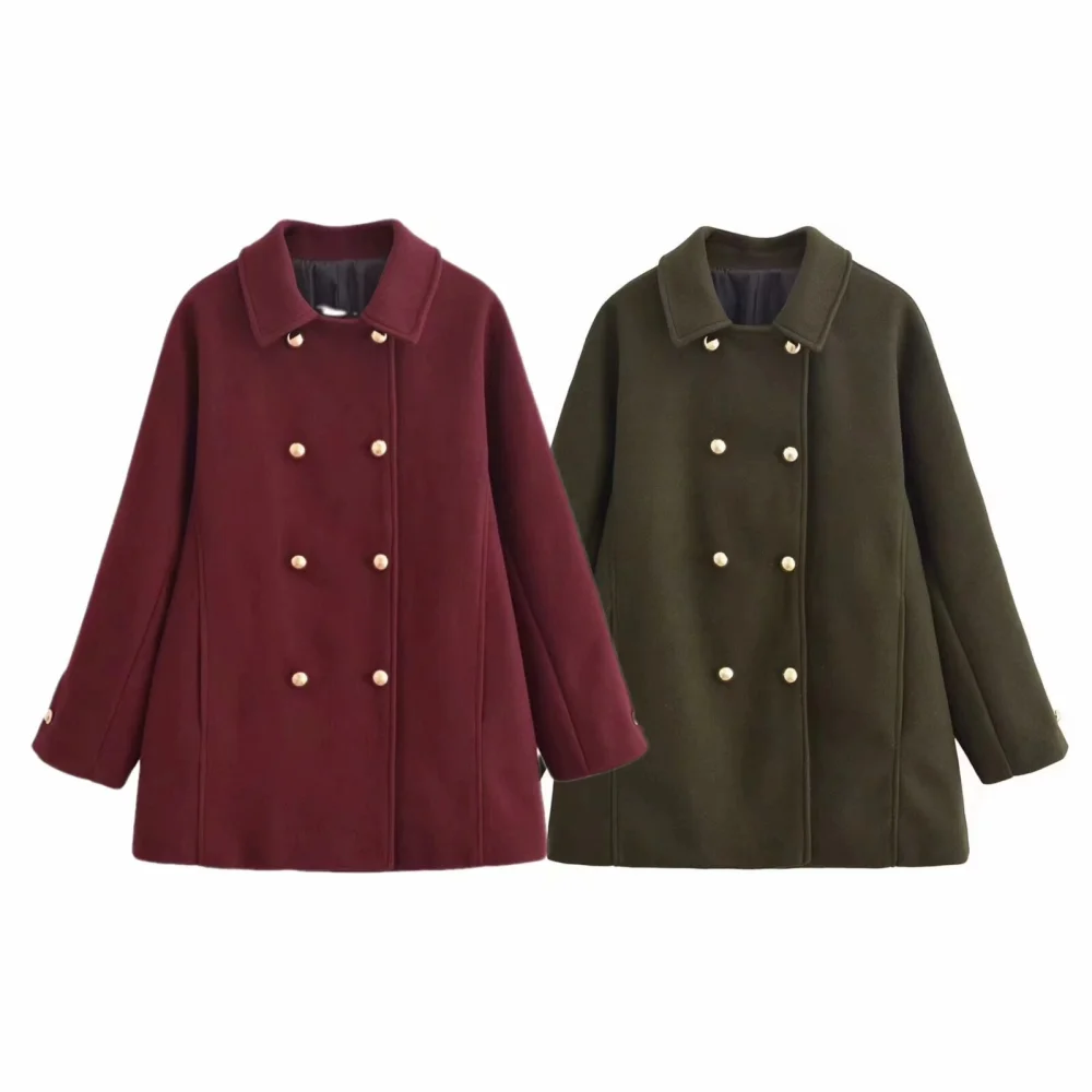 

Women's loose fitting top with collar long sleeved button pocket autumn and winter new fashion woolen coat