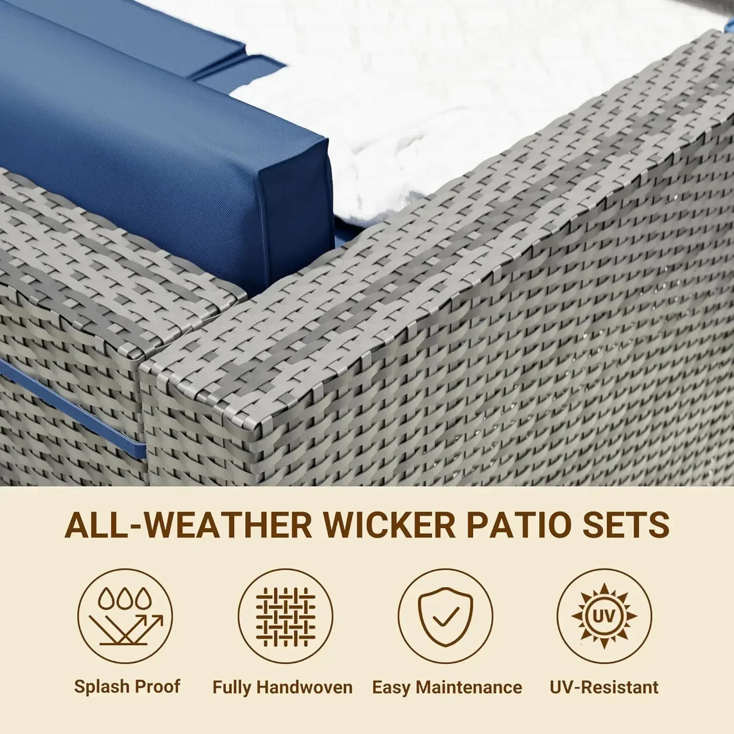 Patio Furniture Set,, All-Weather Wicker Patio Conversation Sets for Backyard (Grey with Navy Cushion)