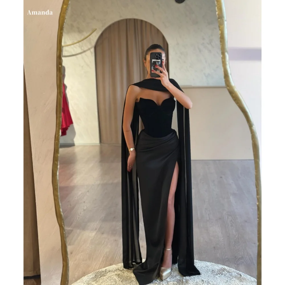 

Amanda Customized Black Long Silk Scarves robes de soirée Side Slit Strapless Satin Party Dresses Floor-Length Prom Dress 2024