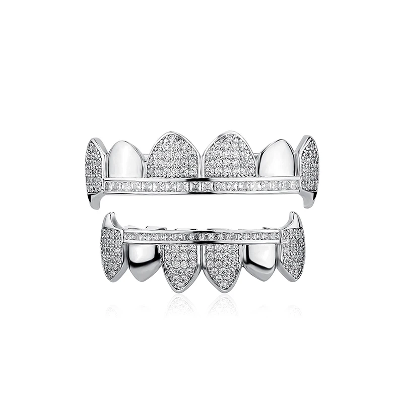

Hip Hop Half CZ Stone Paved Bling Iced Out Fang Top Bottom Teeth Grillz Dental Grills Men CZ Rapper Jewelry Drop Shipping