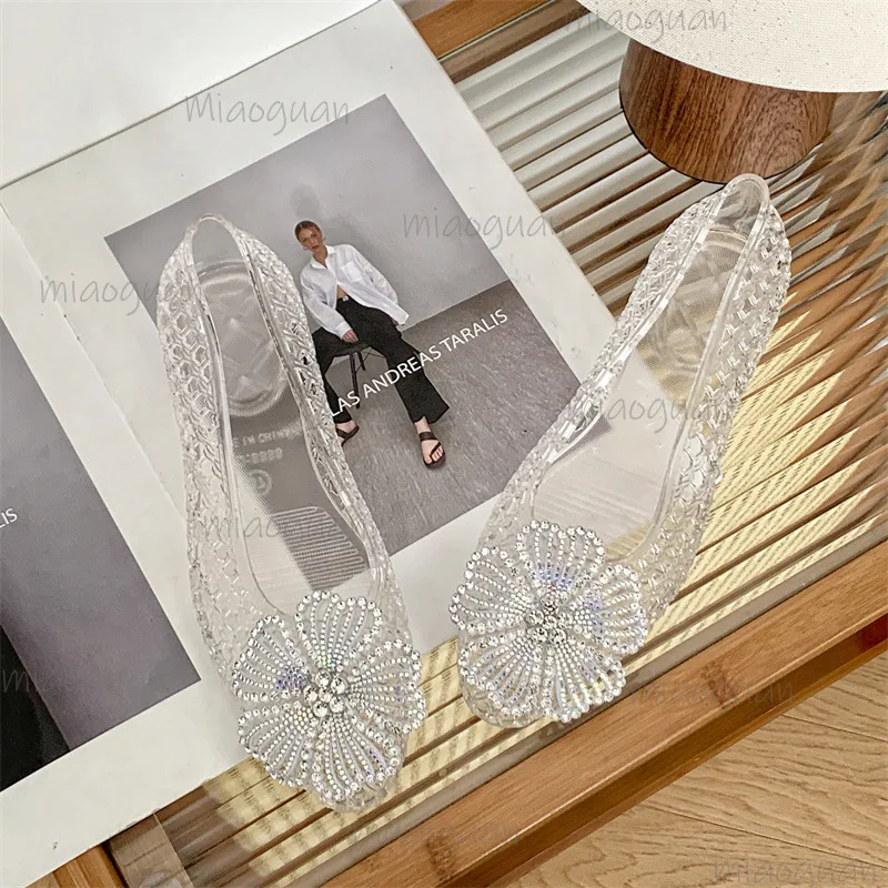 New Crystal Jelly Shoes Sparkling Diamond Flower Pointed Toe Sandals Women's Shallow Mouth Beach VacationTransparent Footwears view 6