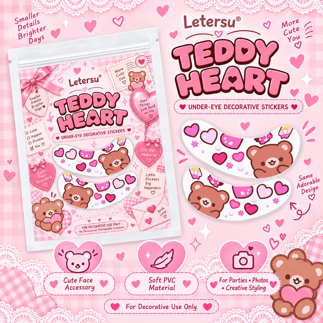 4PCS Cute Teddy Bear Under Eye Stickers, Kawaii Pink Heart Eye Patches, Cartoon Face Makeup Accessories for Party Photos
