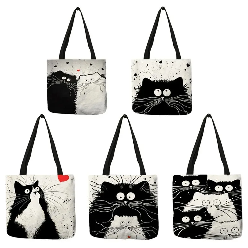 

Cute Cat Printing Bag Linen Fabric Shopping Bag Harajuku School Women Shoulder Bag Large-capacity Casual Punk Vintage Handbag