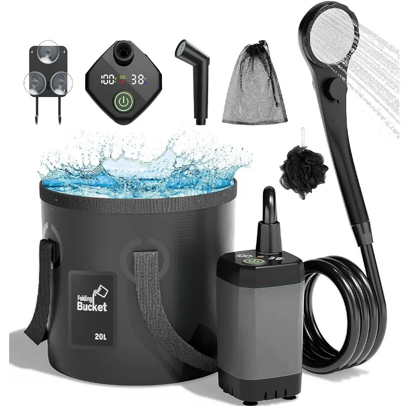 douche-de-camping-portable-[seau-pliable-de-20-l]-pompe-de-douche-a-batterie-rechargeable-etanche-ipx7-pour-chien-voyage-camping-car