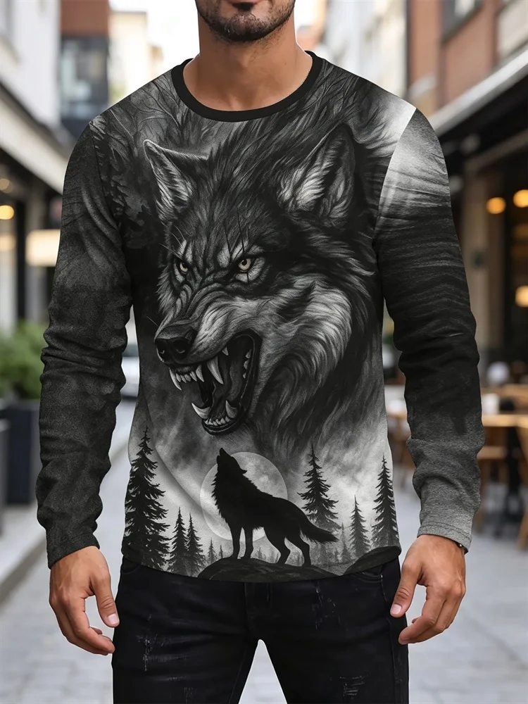 Men's Wolf Head Long Sleeve T-Shirt Grey Howling Moon Pine Tree Forest Graphic Tee Pullover Tops Gift New 2026 Animal Print
