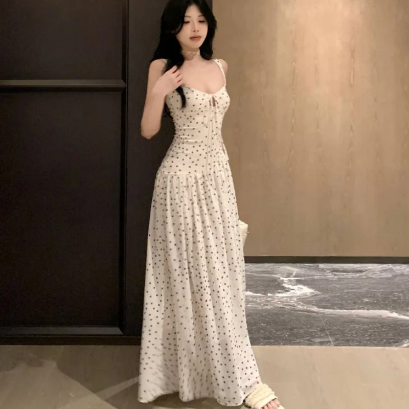 Women  Slip Maxi Dress Lady Fit Tie-Strap Cutout  Butterfly Knot Polka Dot Fashion  A-Line Dress Female Beach Refined Dress
