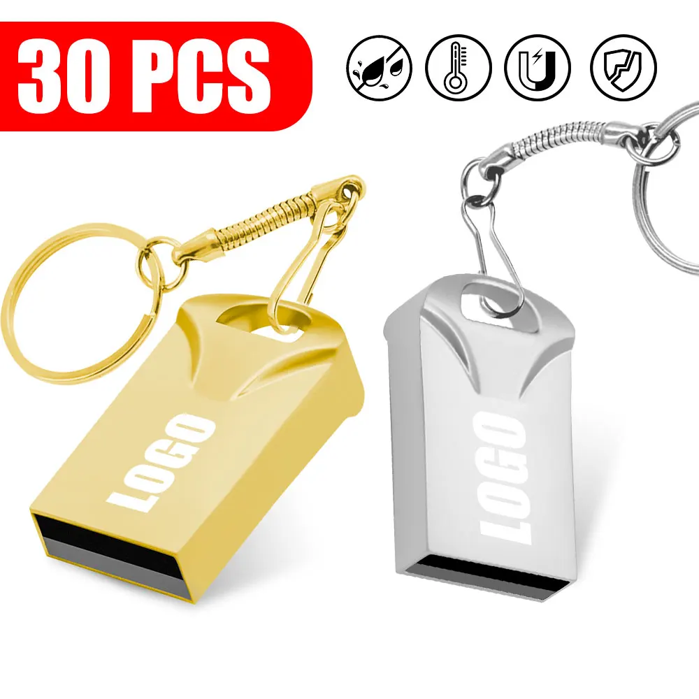 Pendrive con logotipo gratis, mini unidad Flash USB 2,0 creativa, llave dorada, 4GB, 8GB, 16GB, 32GB, 64GB, 30 unidades por lote