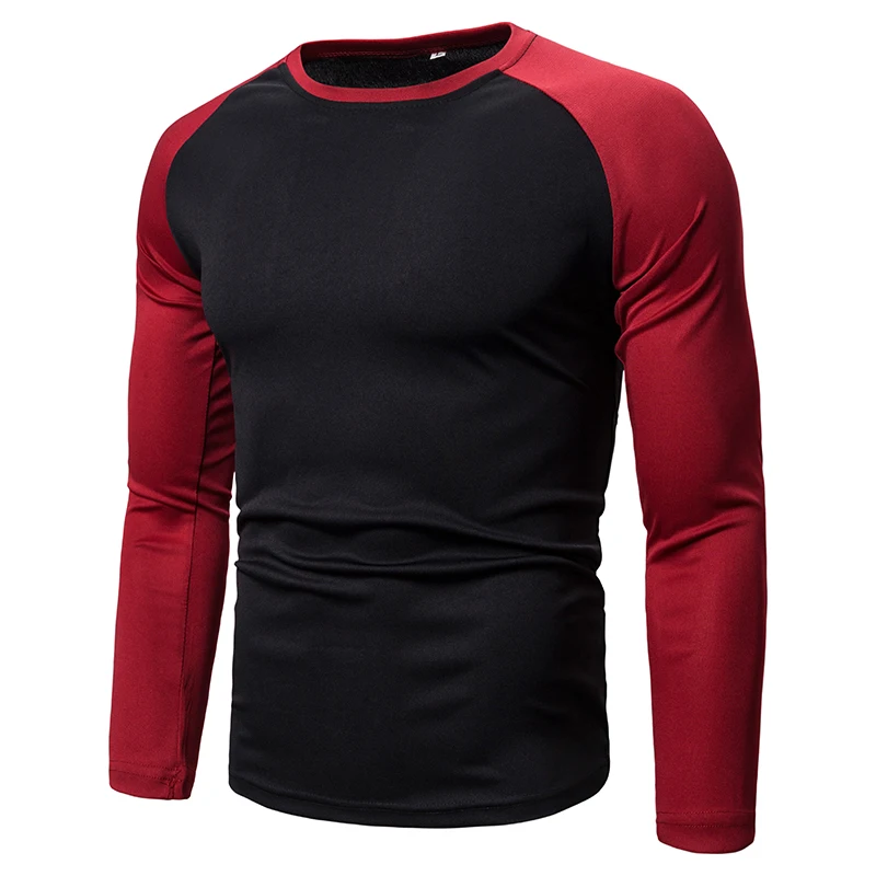 New men's color blocked top for foreign trade, four season men's long sleeved patchwork round neck men's T-shirt
