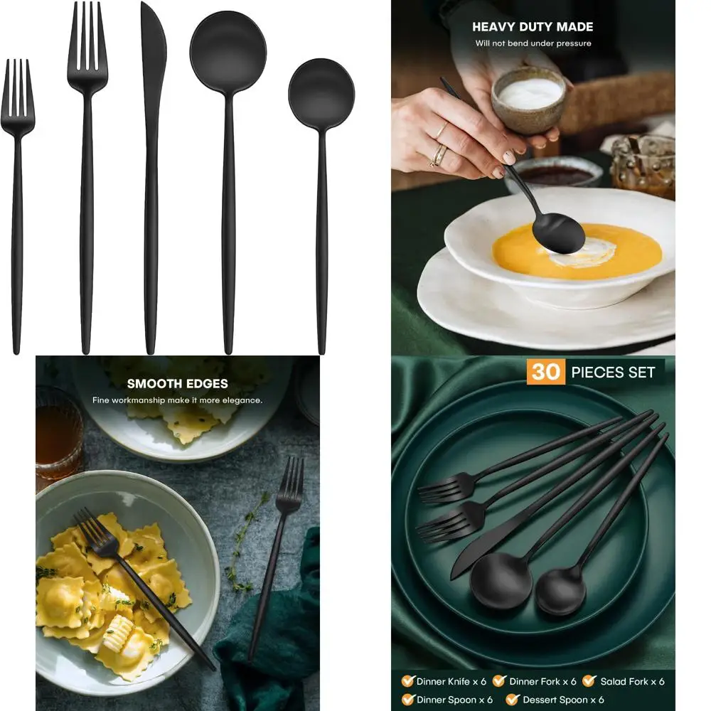 

6-Person Matte Black Stainless Steel Silverware Set, Modern Brushed Thick Cutlery with 30 Pieces Including Forks and Spoons